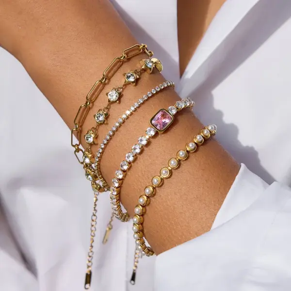 Wholesale Women - Classic Style / 18K Gold 304 Stainless Steel + High Gloss Pearl / High Gloss Pearl Bracelet Combination Plated With 18K Real Gold Vacuum Electroplating (In Furnace) Zircon Geometric Handmade Chain Waterproof Non-Fading