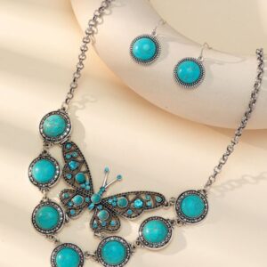 Wholesale Cross-border selling Europe and the United States exaggerated Bohemian vintage turquoise butterfly necklace earrings set jewelry manufacturers