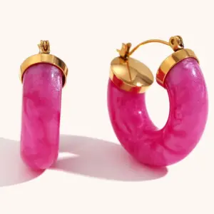 Acrylic Ring Tube C- Shaped Earrings-Galaxy / Pink