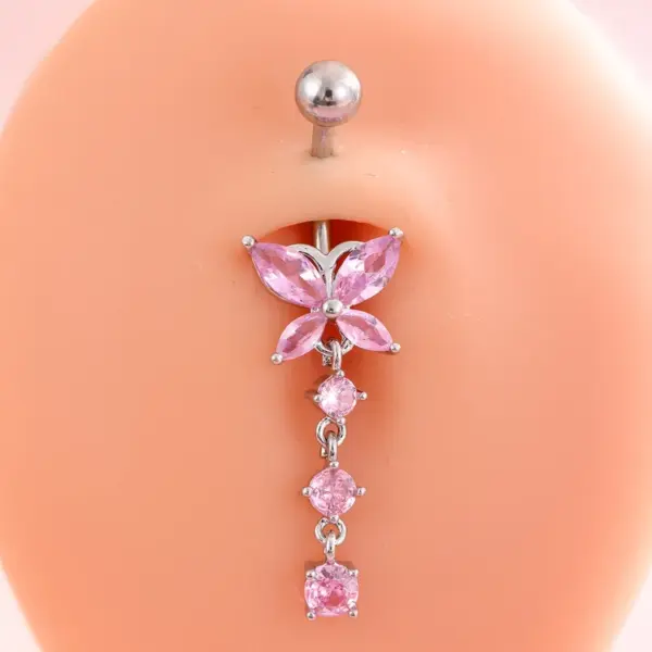 Wholesale Stainless Steel Pierced Pink Series Belly Button Ring Butterfly Heart Zirconia Embedded Belly Hoop Women's Fashion Jewelry