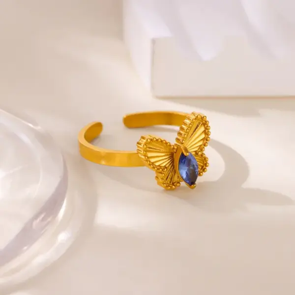 Wholesale Romantic Flower Moon Butterfly Shark Pattern Open Ring 18K Gold Plated Luxury Zircon Imitation Jade Women's Jewelry Banquet Party Wedding Jewelry Stainless Steel