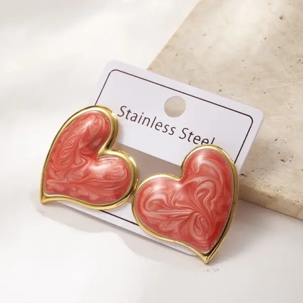 Color Retention Electroplating Drip Oil Heart Shaped Earrings Women's Fashion Jewelry Stainless Steel Polished Surface