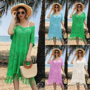 Wholesale 2024 Summer European and American New Cross-Border Women's Clothing Amazon Tassel Cut Out Knitwear Loose Large Size Beach Cover-Up