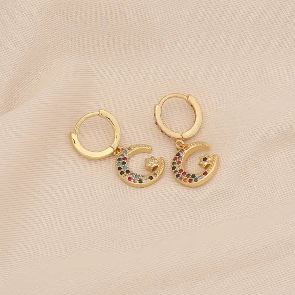 Wholesale Ion Plating (IP) Real Gold Plated Rainbow Moon Cherry 304 Stainless Steel Retro Classic Style Waterproof Non Tarnish Charm Sleeper Hoop Earrings Drop
