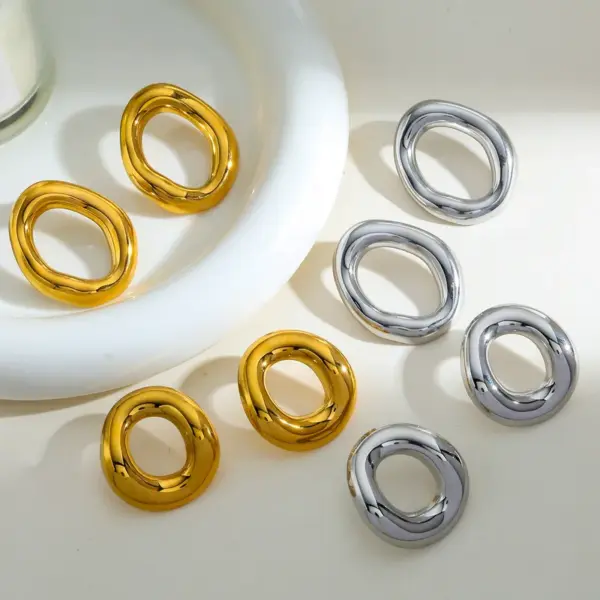 Wholesale Vacuum Electroplating (In Furnace) Plated 18K Real Gold Geometric Oval 304 Stainless Steel Stud Earrings Vintage Novelty Design