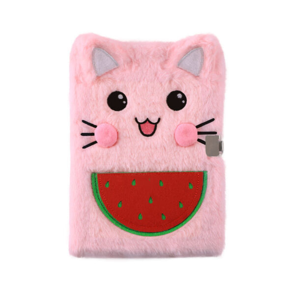 Wholesale New Student Plush Notebook with Lock Watermelon Cat Cute Three-dimensional Animal Stationery Notepad Factory Outlet