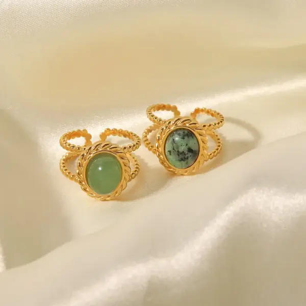 Wholesale Jewelry Retro Oval 304 Stainless Steel Natural Stone PVD Coated Inlay Open Ring