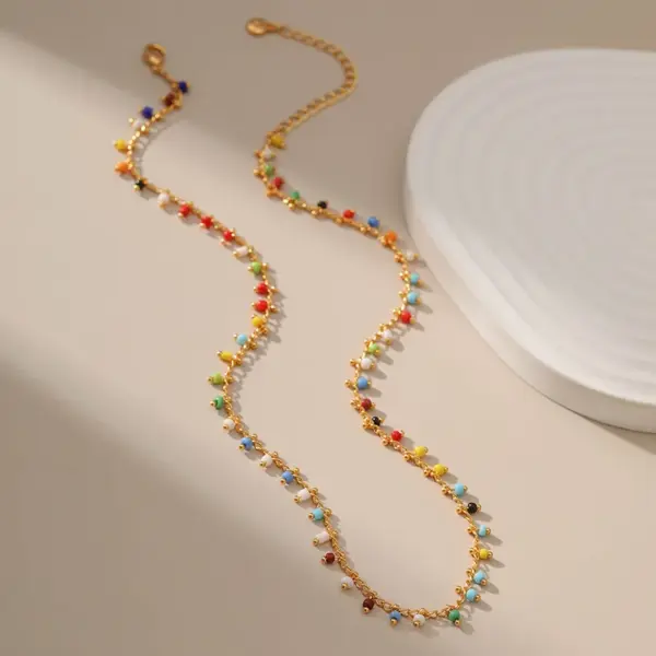Wholesale 18k Real Gold Plated Geometric Colorful Seed Bead Copper Retro Necklace