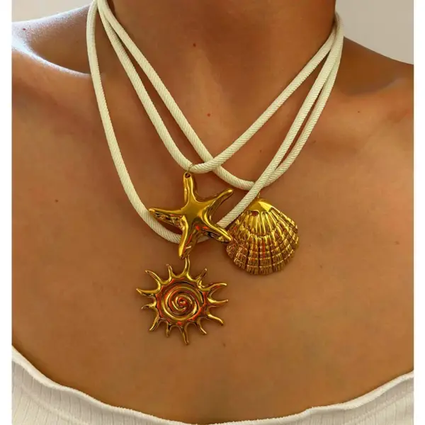 Wholesale Fashion Trendy Stainless Steel Leaf Conch Sun High-End Necklace Knitted Silk Mesh Belt Necklace For Women