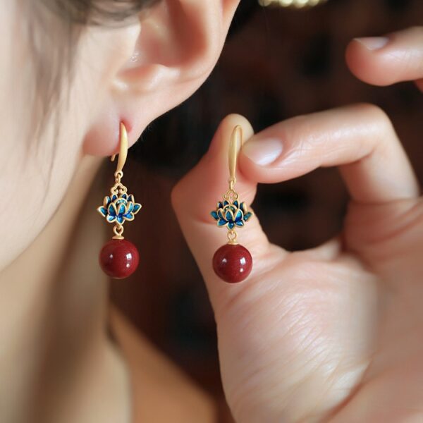 oly-a2bd10b8c638b0df227bc4821a1c641d Wholesale Arrival Cinnabar Lotus Earrings Women's Red Style Vintage Burned Blue Enamel Purple Gold Beads Earrings Earrings