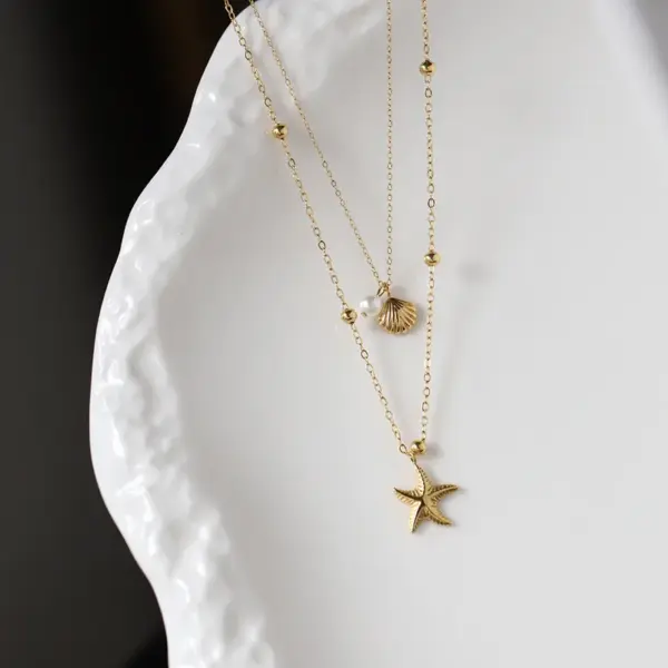 Wholesale 304 Stainless Steel Plastic Geometric Starfish Shell Ion Plating (IP) 18K Gold Plated Cute Vintage Style Vacation Waterproof Non Tarnish Double Layer Necklaces