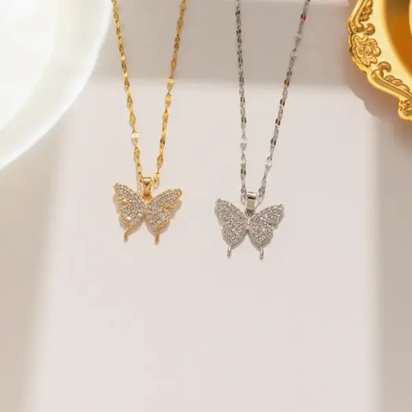 PVD Coated Real Gold Plated Butterfly Stainless Steel Sweet Waterproof Non Tarnish Pendant Necklace