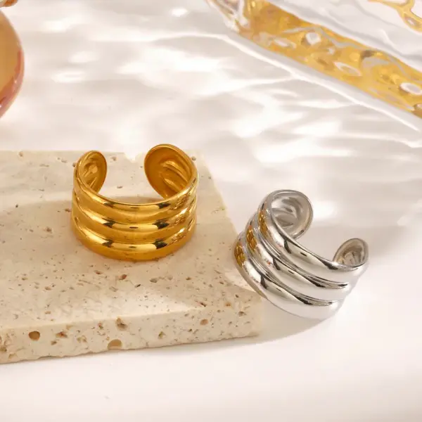 Ion Plating (IP) 18K Gold Plated Geometric 304 Stainless Steel IG Style Waterproof Non Tarnish Open Rings