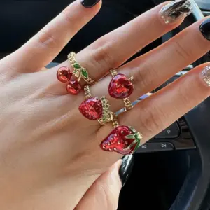 Wholesale Jewelry Cute Vintage Style Cherry Strawberry Brass Zircon 18K Gold Plated Open Rings