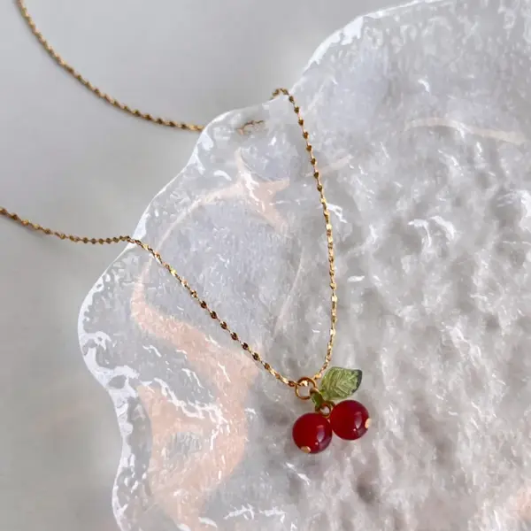 Wholesale PVD Coated Real Gold Plated 18K Gold Cherry 304 Stainless Steel Casual Sweet Waterproof Non Tarnish 304 Stainless Steel Pendant Necklace