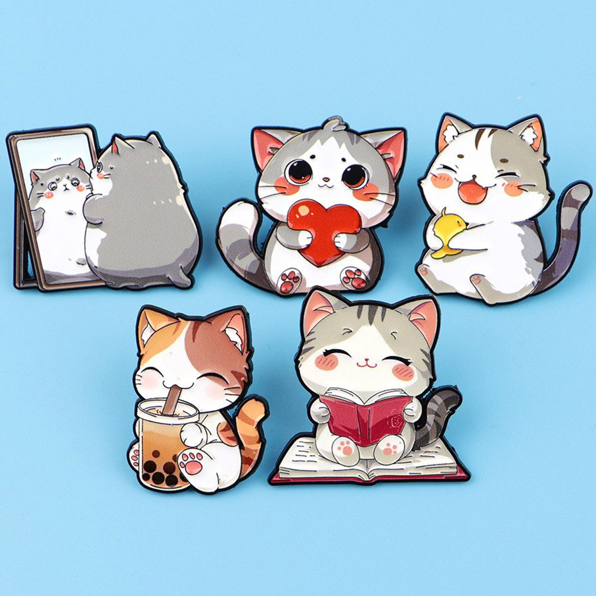 Wholesale Heart-shaped cat brooch, cartoon metal badge, creative and personalized aessory