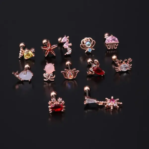 Copper Artificial Gemstones Ear Cartilage Rings & Studs Geometric Waterproof Non Tarnish Surgical Steel
