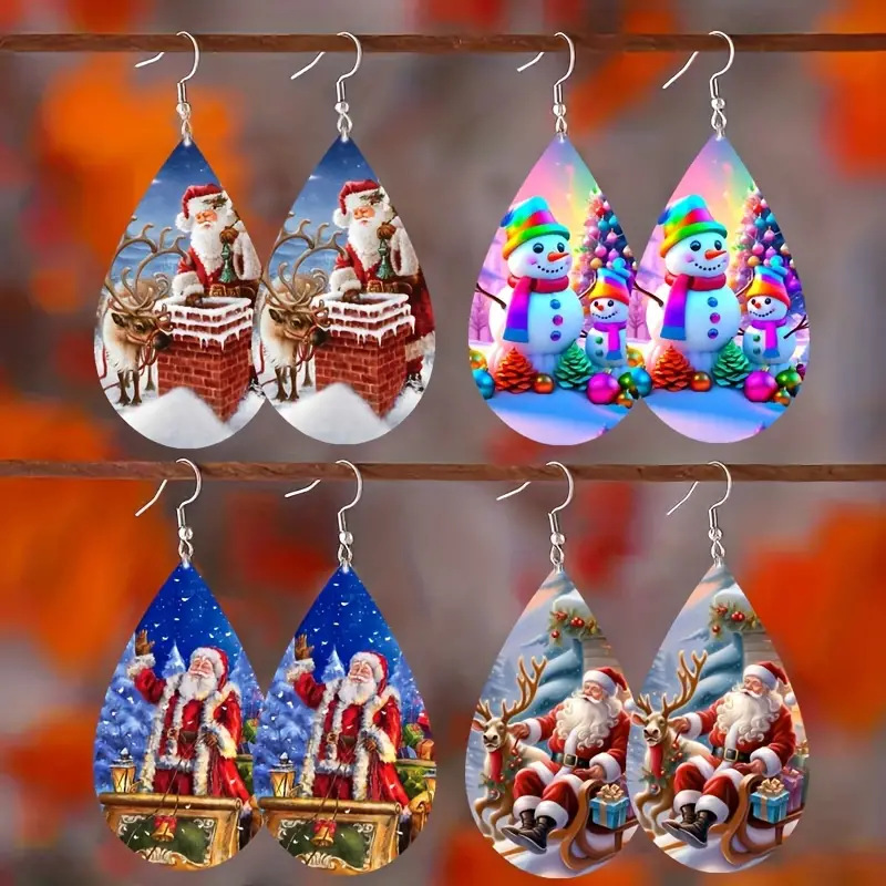 Wholesale Christmas-themed double-sided patterned tearop wooden earrings
