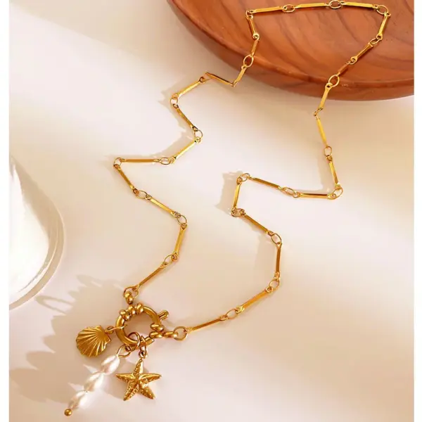 Wholesale 304 Stainless Steel Starfish Shell PVD Coated Imitation Pearl Real Gold Plated Beach Waterproof Non Tarnish Surgical Steel Bamboo Joint Steering Wheel Buckle Gold Pendant Necklace