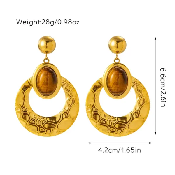 Wholesale 1 Pair Retro Bohemian Round Oval Titanium Steel Natural Stone Drop Earrings