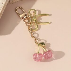 Wholesale European and American Jewelry Simulation Crystal Cherry Keychain Bag Hanging Bow Pendant Design Sense Fruit Key Chain