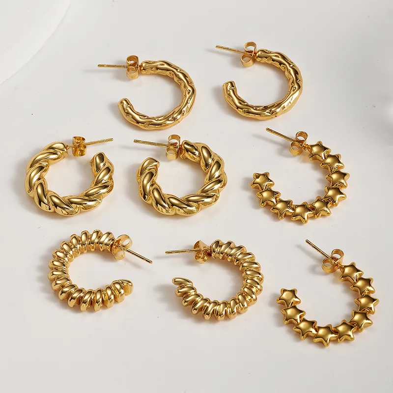 Wholesale Vintage INS Style European And American 304 Stainless Steel Threaded Striped Pentagram C-shaped Earrings Basic Style (Simple Style) Exaerate