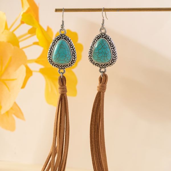 Wholesale Cross-border European and American Jewelry Retro T-shaped Turquoise Tassel Brown Hanging Korean Velvet Earrings