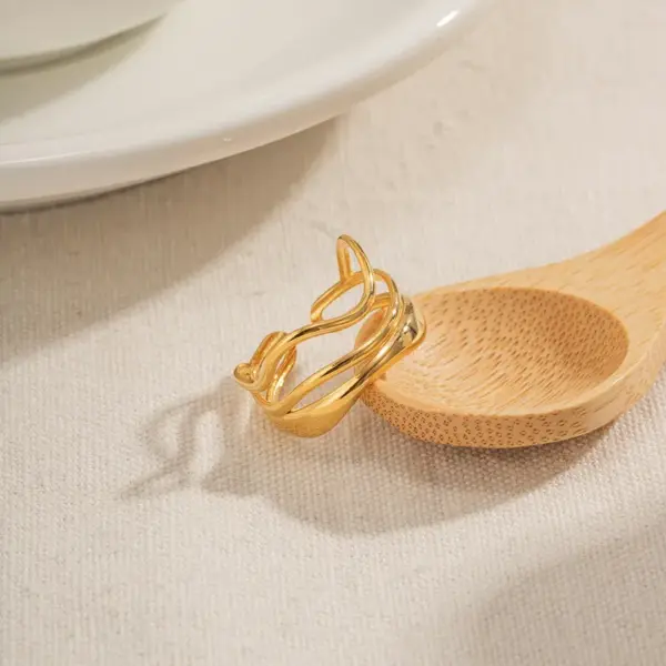 PVD Coated Real Gold Plated Waves 304 Stainless Steel IG Style Waterproof Non Tarnish Open Ring