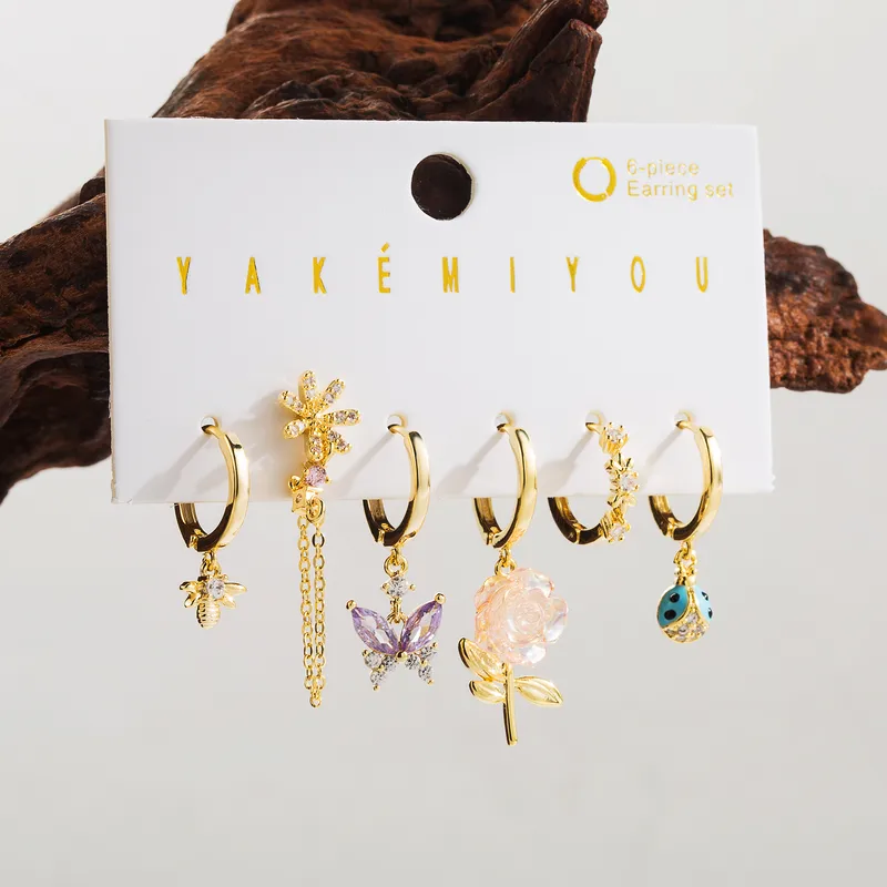 Wholesale Copper 14K Gold Plated Yakemiyou Sweet Commute Inlay Flower Bee Butterfly Zircon op Earrings