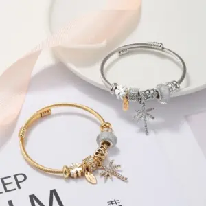 Wholesale Simple Style Letter Coconut Tree Stainless Steel Alloy Resin Inlay Artificial Gemstones Bangle