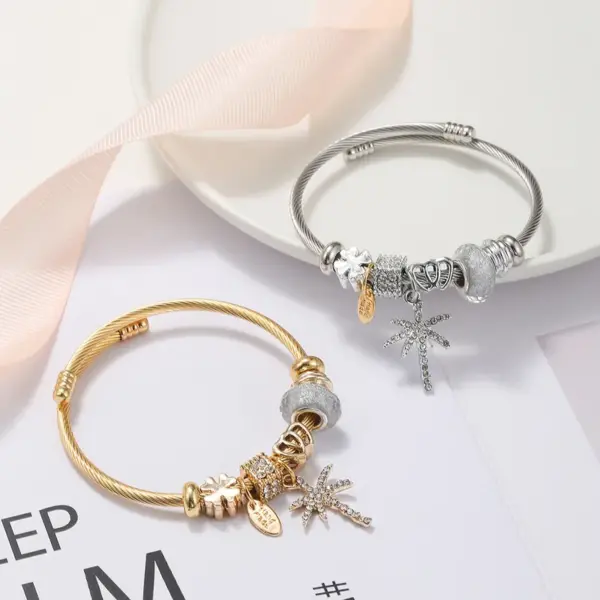 Wholesale Simple Style Letter Coconut Tree Stainless Steel Alloy Resin Inlay Artificial Gemstones Bangle