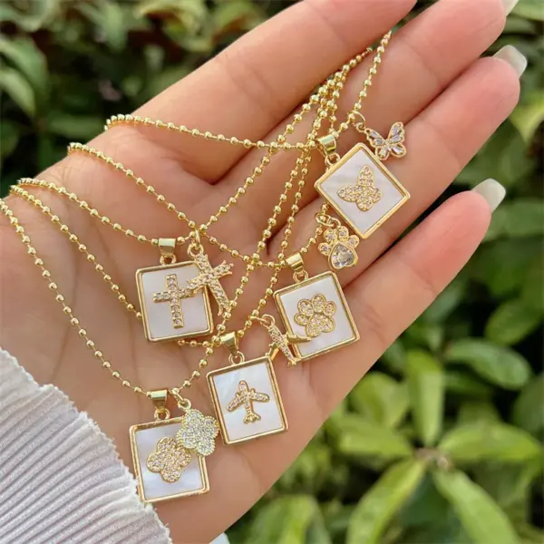 Wholesale Jewelry Retro Classic Style Cross Butterfly Airplane Copper Shell Zircon 18K Gold Plated Inlay Pendant Necklace