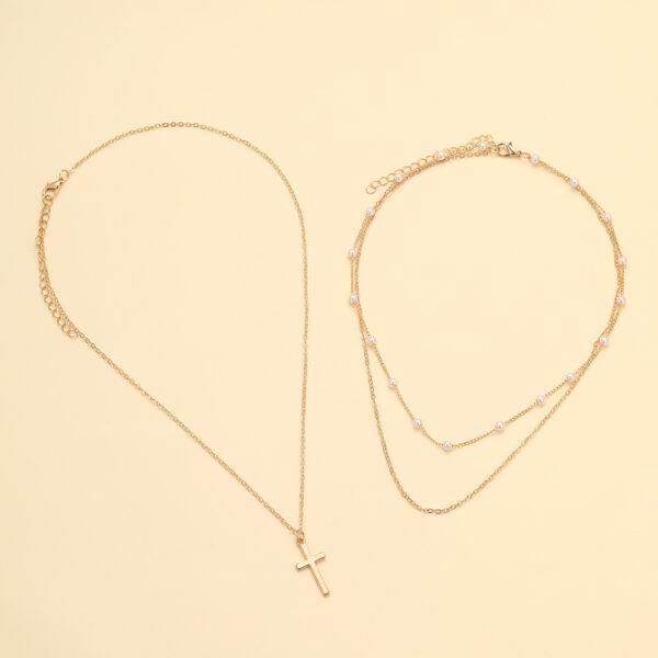 Wholesale Europe and the United States cross-border new artificial Pearl clavicle chain creative cross pendant necklace retro Multilayer Stacked necklace