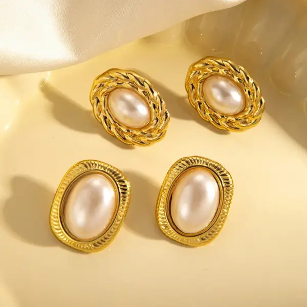 Wholesale Style Women's 316 Stainless Steel Bowknot Flower Colorful Geometric Spiral Pearl Inlaid 18K Gold Plated Vacuum Electroplating Furnace Baking Series Earrings