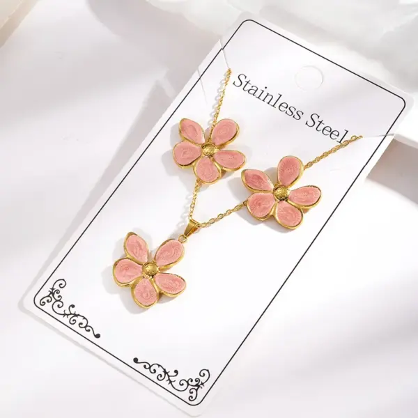 Wholesale 304 Stainless Steel Oil Drop Five Leaf Flower Necklace Earring Set Women's Jewelry Accessories Holiday Casual Vacation Style