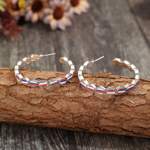 Wholesale C-shaped acrylic blue, white, and red striped alloy vintage earrings
