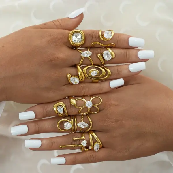 Wholesale 304 Stainless Steel 18K Gold Plated Women Stainless Steel Zircon Geometric Open Ring Women Jewelry Accessories Holiday Gifts