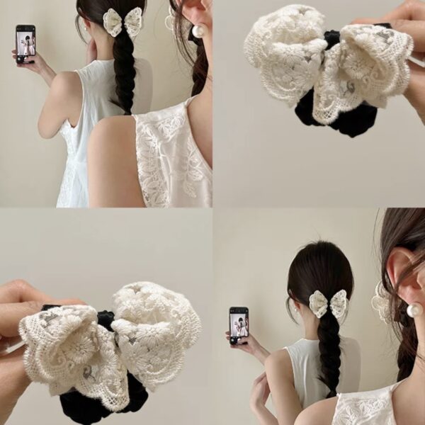 Wholesale White Lace Bow Large Intestine Hair Ring Korean Style Hair Rope Internet Popular New Style Women's Hair Rope Hair Rope