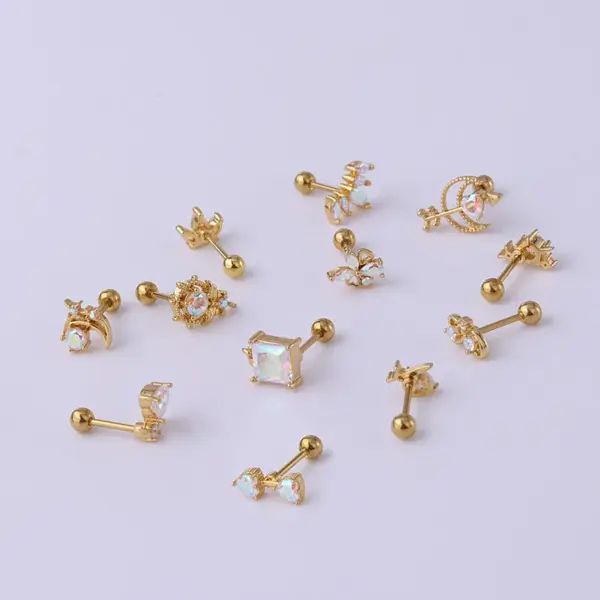 Copper Artificial Gemstones Ear Cartilage Rings & Studs Geometric Waterproof Non Tarnish Surgical Steel