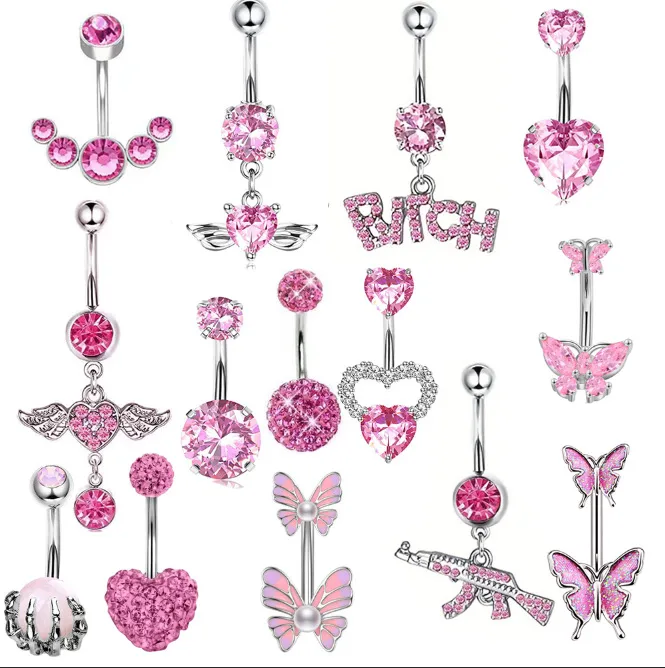 Wholesale 1 Piece Cute Sweet Letter Heart Shape Butterfly Plating Inlay Stainless Steel Zircon Navel Stud