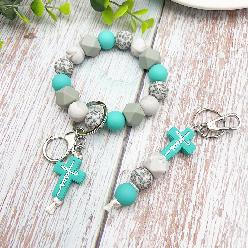 Wholesale Cross Silicone Beaded Keychain Cross Charm Bracelet Keyring Bag