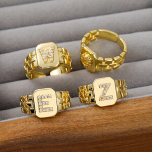 Wholesale Cross-Border European and American Hot-Selling Ring Letter Series Real Gold-Plated Jewelry Watch Strap Design Letter Open Ring