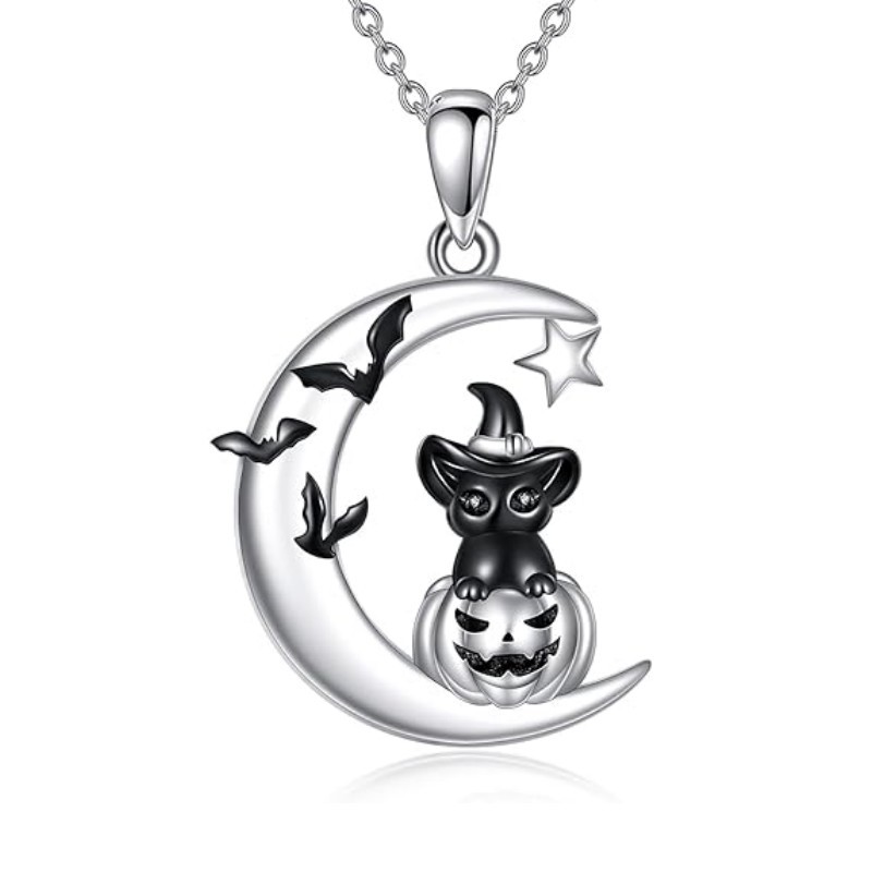 Wholesale Gothic Dark Wind Black Cat Pumpkin Star Moon Bat Celebration Holiday Pendant Necklace
