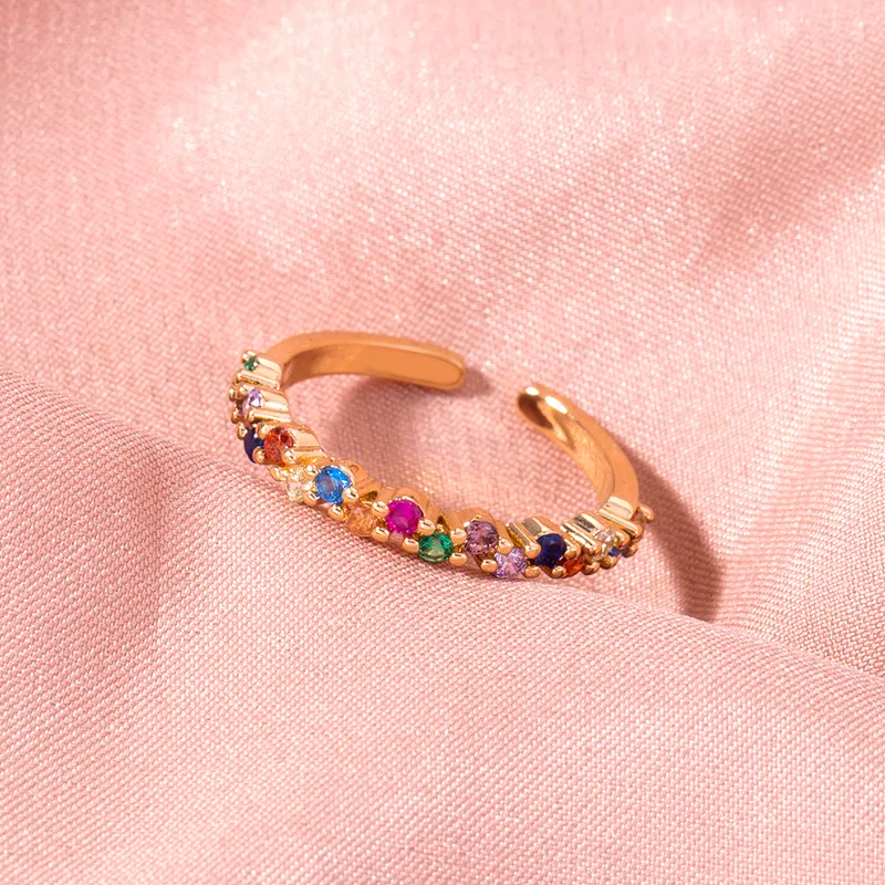 Wholesale Simple Style Rainbow Zircon Adjustable Opening Ladies Copper Ring