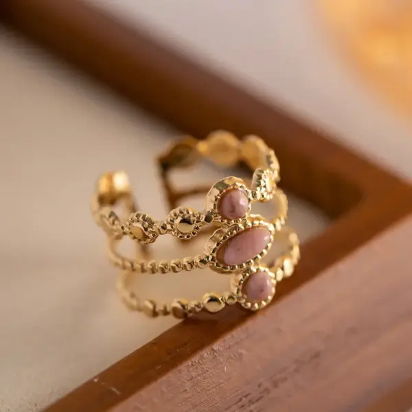 Wholesale Jewelry French Style Oval 304 Stainless Steel Gem PVD Coated Inlay Open Ring