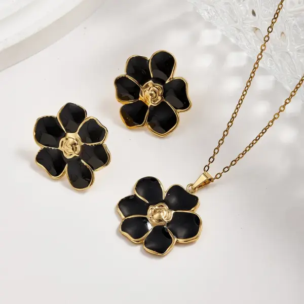 Wholesale European And American Hot-Selling Fashion INS Style 304 Stainless Steel Water Plated Imitation Gold Colorful Oil Drop Flower Earrings Necklace Jewelry Set