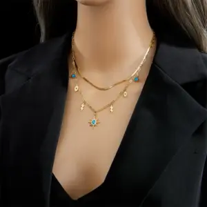 Jyh10040 Necklace Golden Sun Turquoise Blade Double-Layer Chain