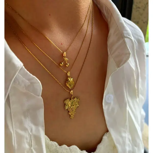 Wholesale 304 Stainless Steel Cherry Strawberry PVD Coated Enamel Real Gold Plated Japanese Style Sweet Commute Waterproof Non Tarnish Surgical Steel Bamboo Necklace Lobster Trigger Clasp Closure Gold Pendant Necklace