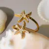 Wholesale Stainless Steel Open Ring Fish Tail Starfish Shell 5A Zirconia True Gold Plated Ocean Series Index Finger Jewelry Luxury Romantic