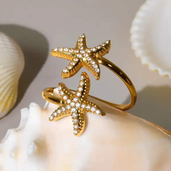 Wholesale Stainless Steel Open Ring Fish Tail Starfish Shell 5A Zirconia True Gold Plated Ocean Series Index Finger Jewelry Luxury Romantic